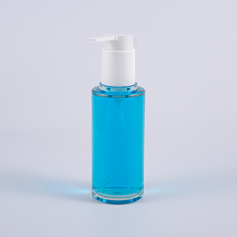 Transparente 100-ml-Lotionsflasche aus PETG in runder Form mit weißer Kunststoffpumpe