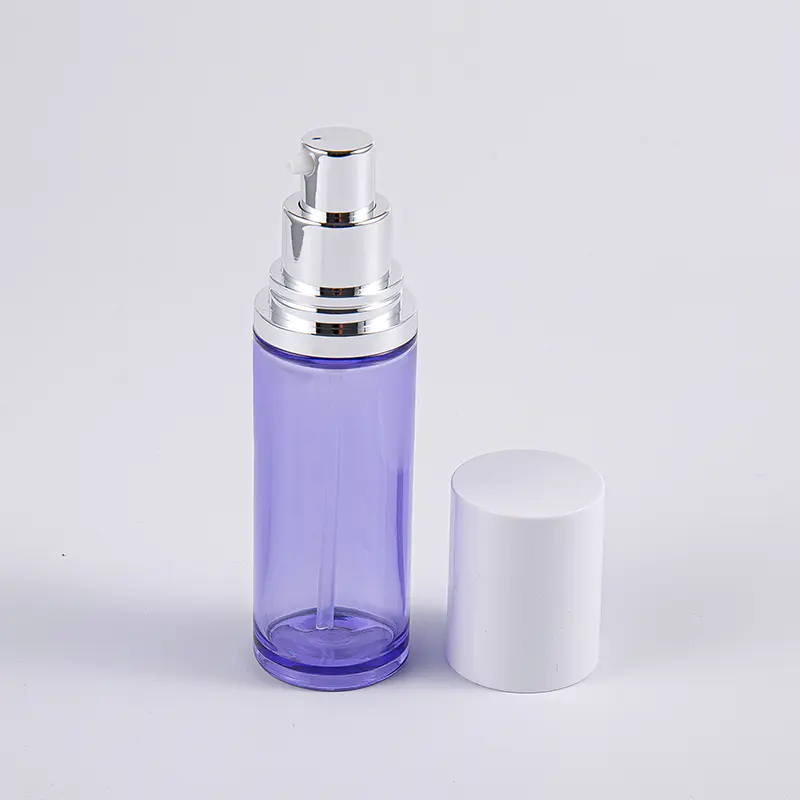 Lila Farbe 100 ml runde Serum-Lotion-Flasche mit Aluminiumpumpe